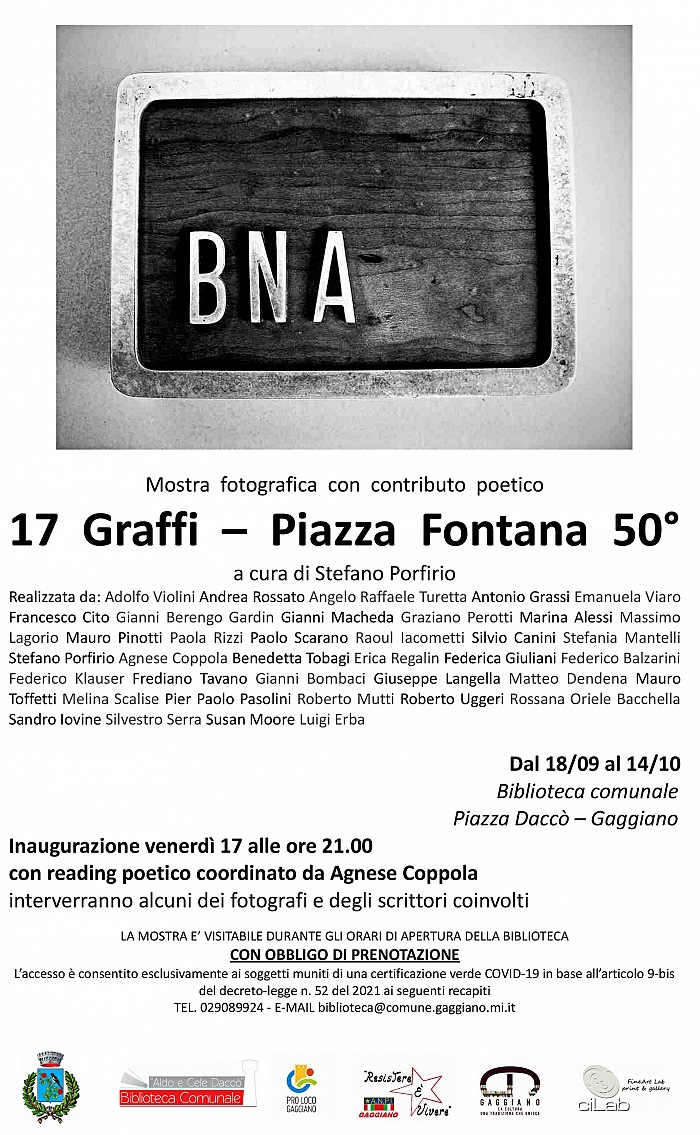 La locandina della mostra 17 Graffi  Piazza Fonata 50 in mostra presso la Biblioteca Comunale di Gaggiano dal 18 settembre al 14 ottobre 2021.
