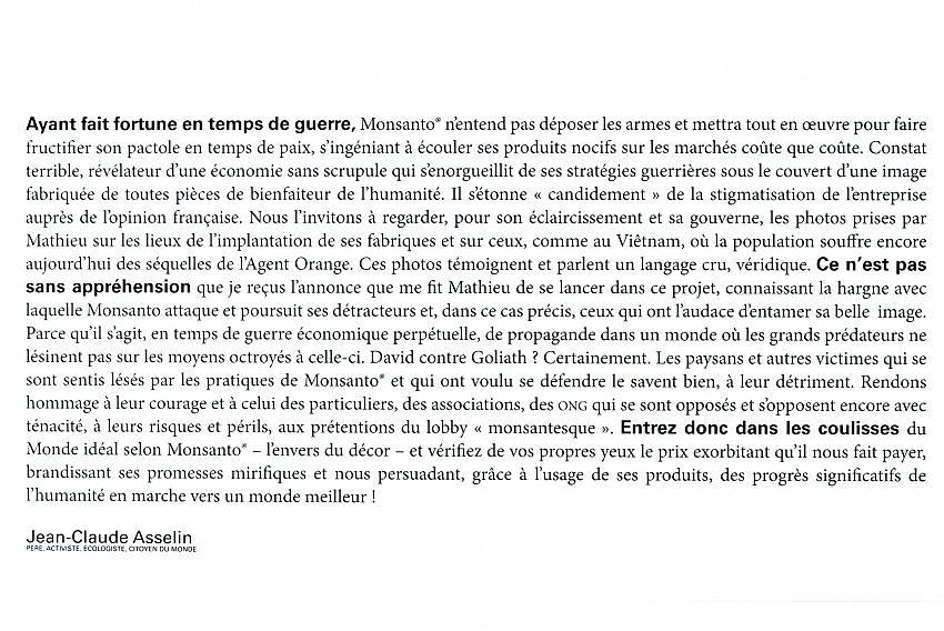Il pannello finale con il testo di JeanClaude Asselin, padre di Mathieu, alla mostra Monsanto: une enqute photographique di Mathieu Asselin, esposta al Magasin lectrique nell'ambito della sezione Dsordre du Monde ai Rencontres de la Photographie d'Arles 2017.  FPmag.