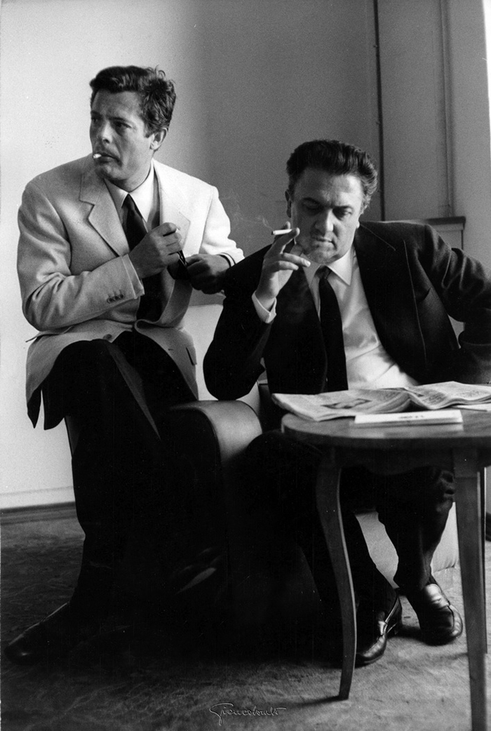 Giancolombo, Marcello Mastroianni e Federico Fellini alla conferenza stampa de La Dolce Vita, Festival del Cinema di Cannes, 1960.  Giancolombo